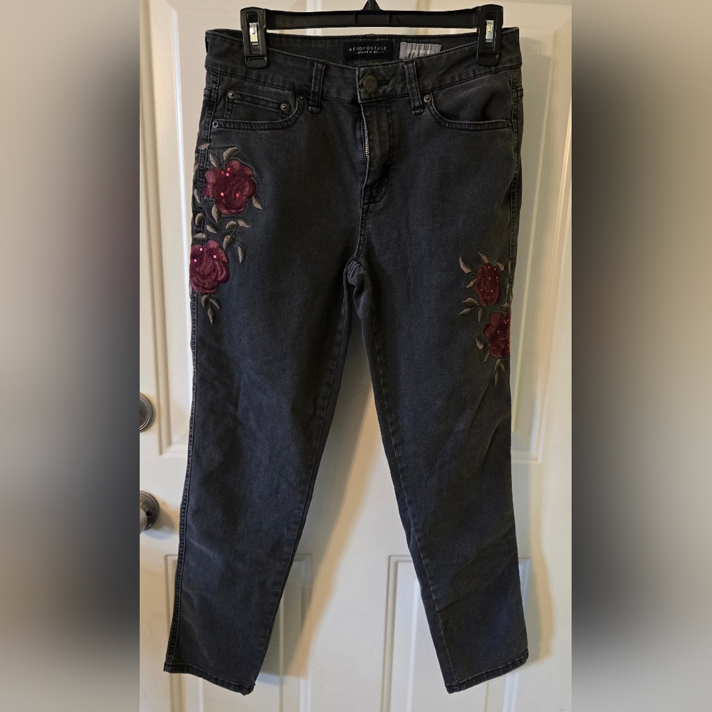 Black Jeans with Red Floral Embroidery